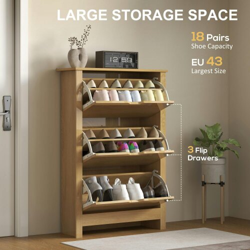Wyld Haus Nesela Wooden Natural Wood Finish Slim Shoe Cabinet With 3 Flip Drawers For 18 Pairs