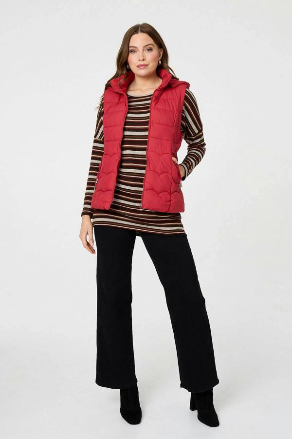 Red | Hooded Padded Sleeveless Puffer Gilet
