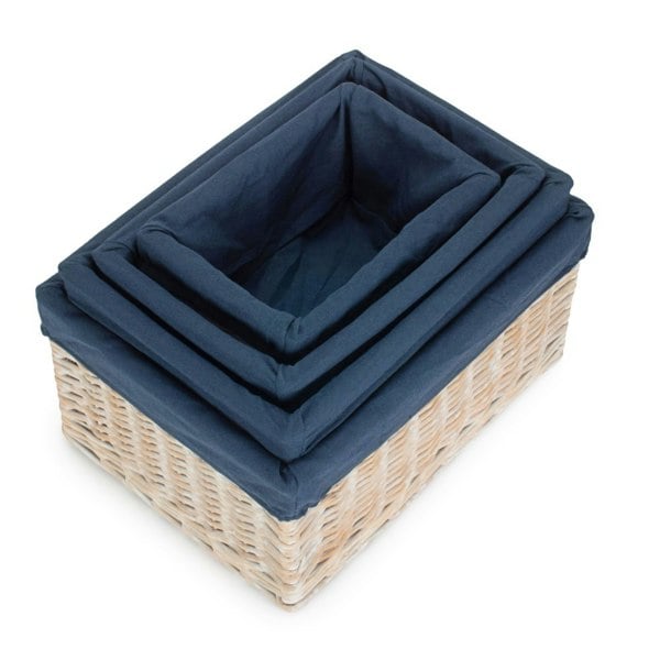 White Wash Navy Lined Open Storage Basket Small