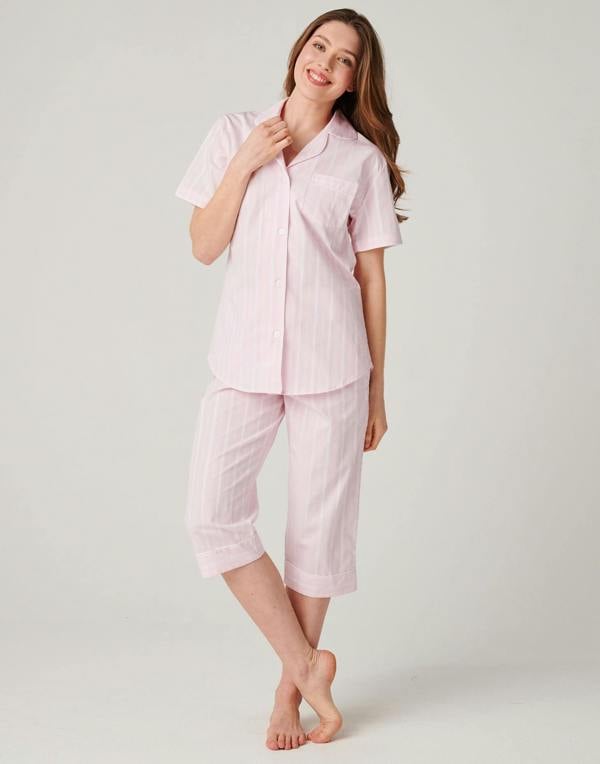 British Boxers Women's Cotton 3/4 Length Pyjama Set – Shell Pink Satin Stripe