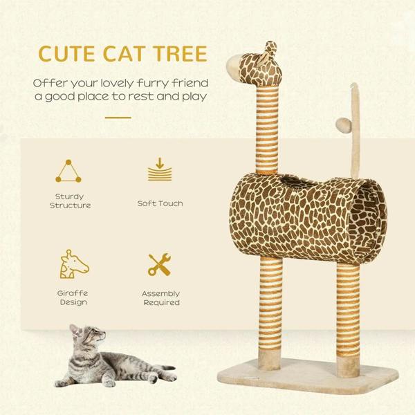 Beige giraffe-designed cat tree with plush giraffe top and striped scratching posts