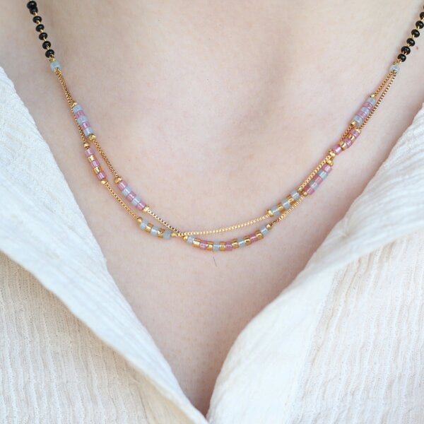 The Colourful Aura Two Layer Gold Pink Grey Seed Bead Indian Traditional Mangalsutra Necklace