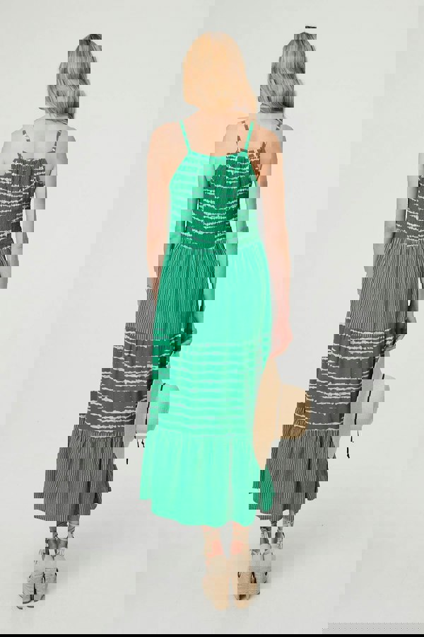 Green | Striped Ruched Texture Tiered Midi Dress
