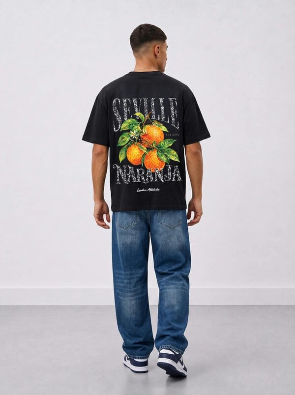 London Attitude Black  Oversized Seville Orange Printed T-Shirt