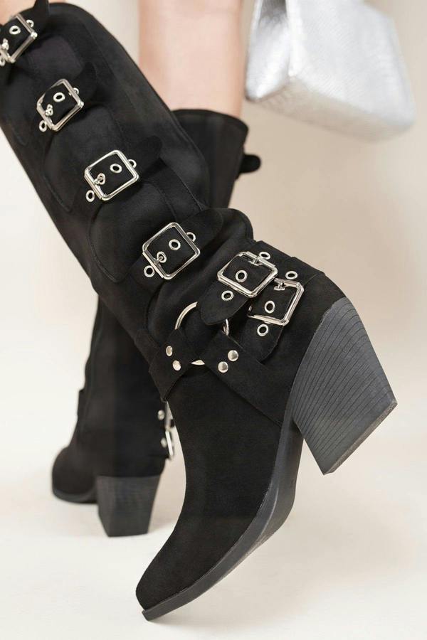 Ornella Block Heel Knee High Boots With Buckle Strap Detail - Black