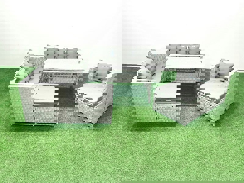 Fimous 7 Pieces Outdoor Rattan Sofa Set with Cushions Patio Garden Furniture Sets with Armchair Dining Table 2 Big Footstools