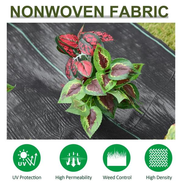 Black nonwoven weed barrier fabric close-up with green grid lines