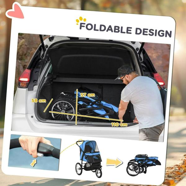 Foldable pet stroller packed in a car trunk, blue canopy and black frame