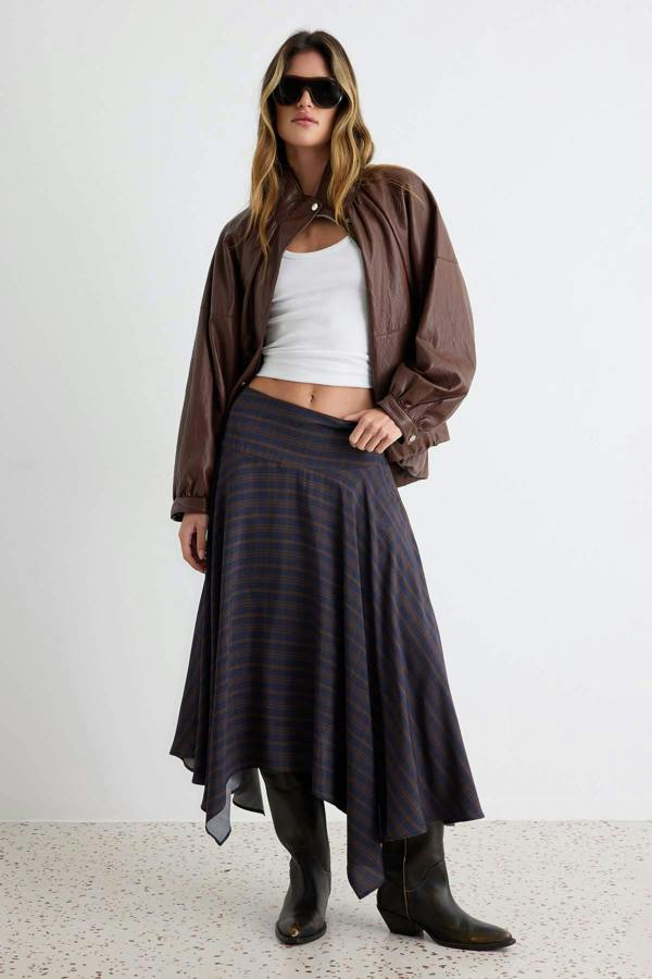 High Waist Asymmetric Hem Midi Skirt