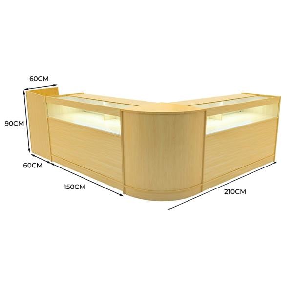 Luna LED Shop Counter Set in maple wood features a modern design with curved edges, showcasing ample display space and integrated lighting