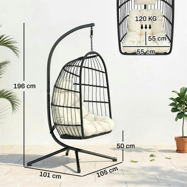 Hanging Egg Chair, Indoor Outdoor Hammock Swing Chair with Stand, Safety Strap, Foldable Basket, Black/Cream White