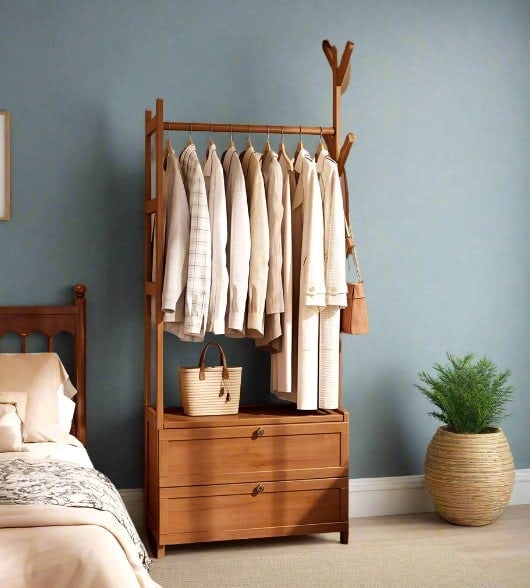 Heavy duty bamboo clothes rail rack with drawers and hooks in natural wood for bedroom or entryway storage


