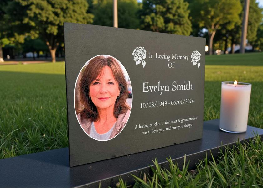 Memorials Direct Photo Slate Memorial Plaque, Roses, Add a Portrait & Personalised Text | 35×25cm (14×10”)