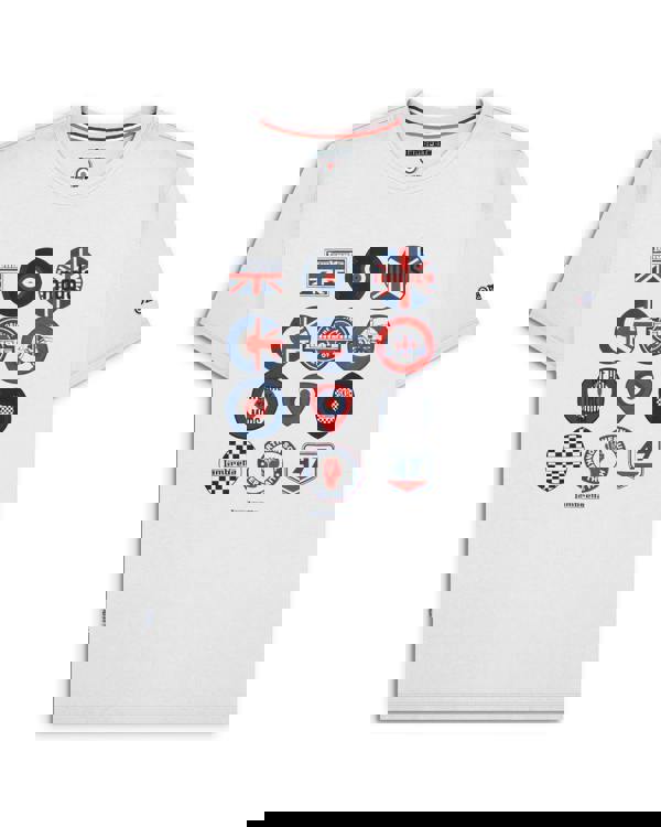 Lambretta Mens Multi Badges Mod Ska Casual T-Shirts, white T-shirt featuring various colorful badges and patches inspired by mod and ska styles.