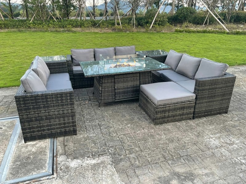 Fimous Rattan Outdoor Garden Furniture Set with Gas Fire Pit Table, 3 Sofas, 2 Side Tables, Large Footstool - 10 Seater - Dark Grey