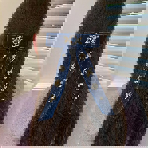 Blue velvet bow hair clip, long ribbon tails, crystal jewel embellishments, sparkling rhinestone details, vintage inspired hair accessory, elegant statement piece, gift for her
