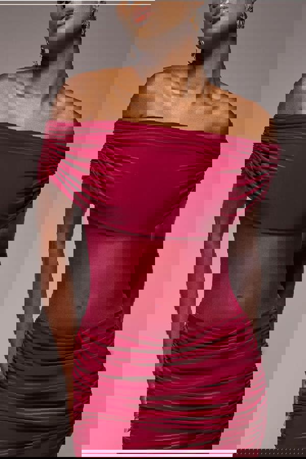 Gathered Off The Shoulder Mesh Waist Panel Maxi Dress - Wine DR4857