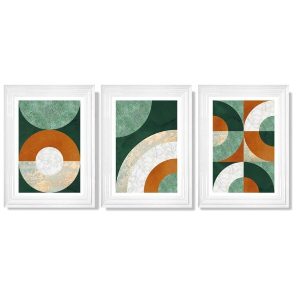 Set of 3 Orange and Green Abstract Framed Art Prints with Glossy White Frames