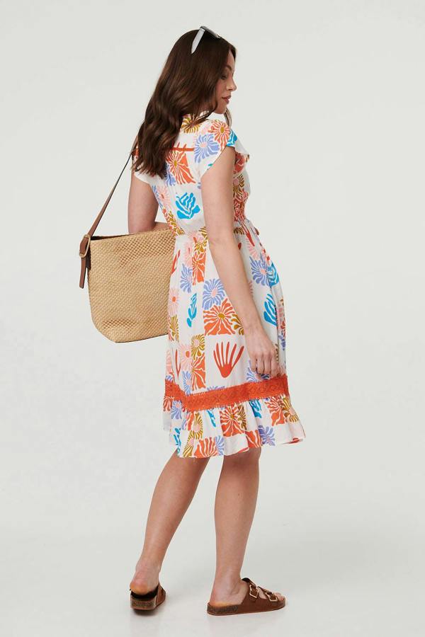 White | Abstract Cap Sleeve V-Neck Midi Dress