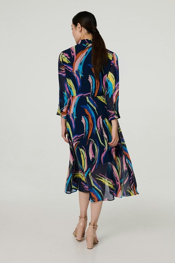 Navy | Abstract Tie Front Midi Shirt Dress
