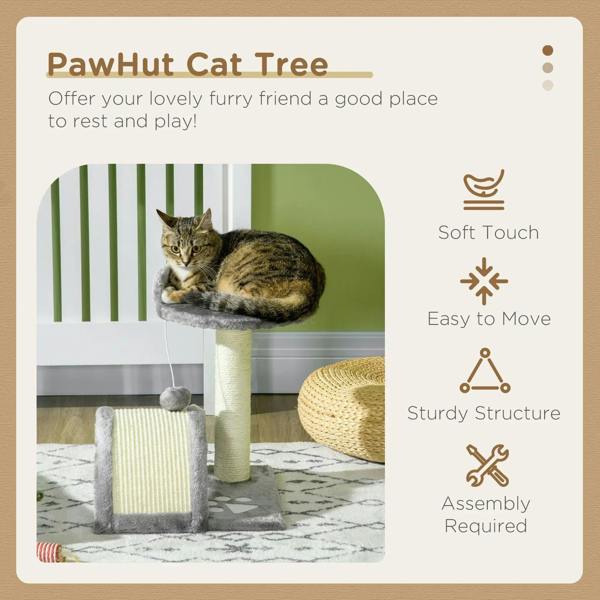 Grey PawHut cat tree with plush platforms, sisal post, and hanging toy ball