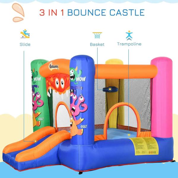 3-in-1 inflatable bounce castle with monster graphics, orange slide, and basket ring