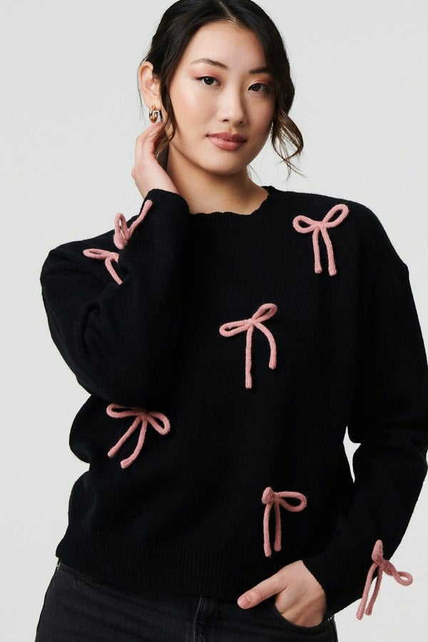Black | Bow Embellished Drop Shoulder Jumper
