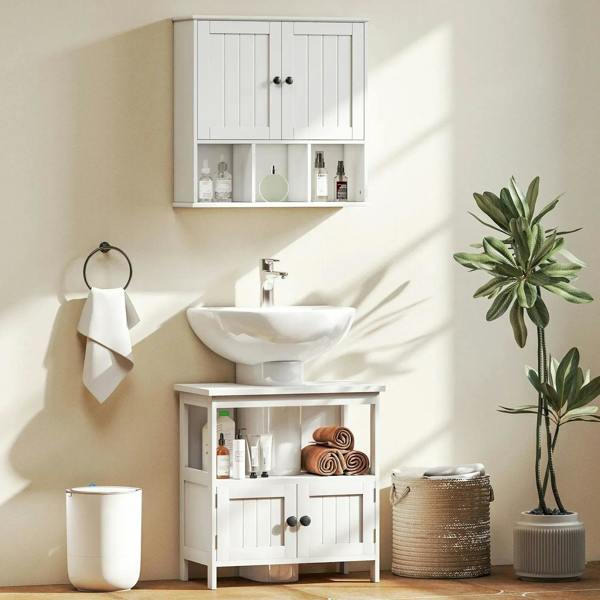 White bathroom vanity pedestal cabinet with double doors and open shelves under sink