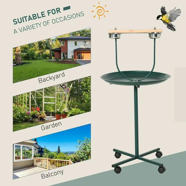 Green bird feeding perch stand with stainless bowls on a wheeled base