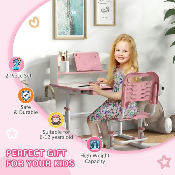 Pink kids study table and chair set with adjustable desktop and safe rounded edges
