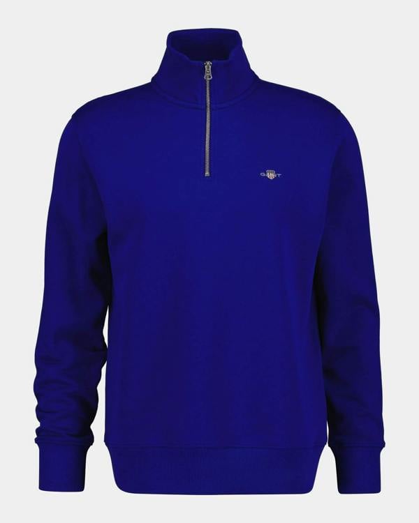 GANT Mens Regular Fit Shield Logo Half Zip Sweatshirt - 435 Crisp Blue | CHO | Designer Mens Sweatshirts