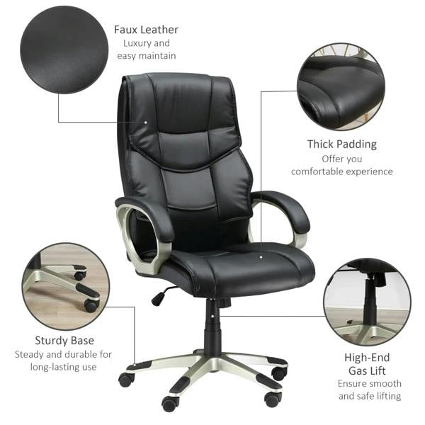 Black faux-leather office chair with thick padding, armrests, and sturdy base