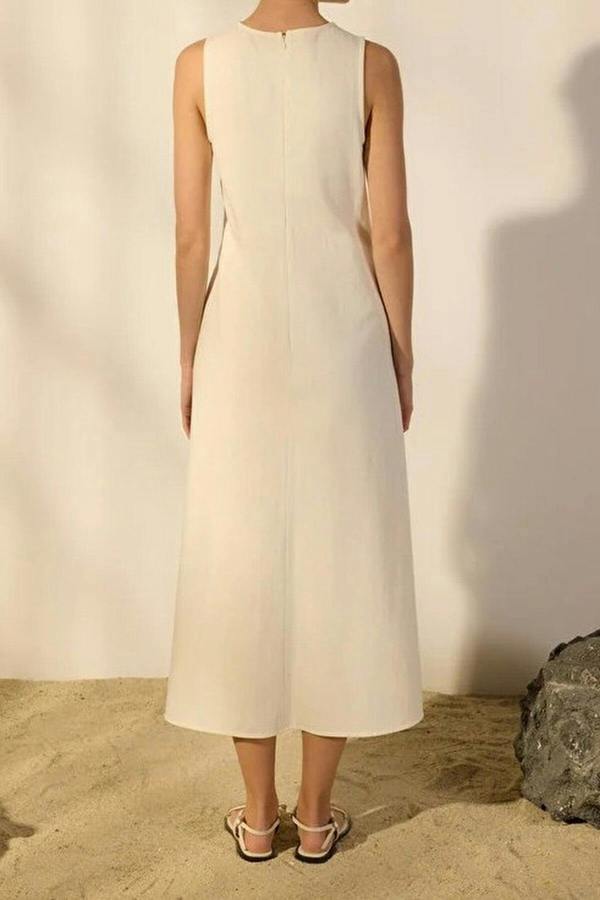 Linen Blend Straight Cut Midi Woven Dress with Stitching and Pocket Details