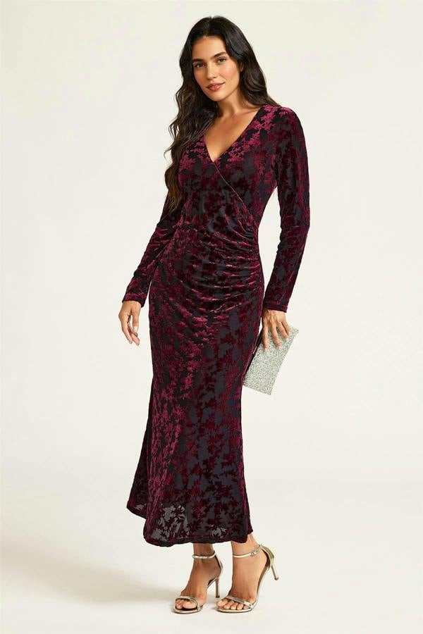 FS Collection Wine Floral Velvet Devore Long Sleeve Wrap Midi Dress In Black
