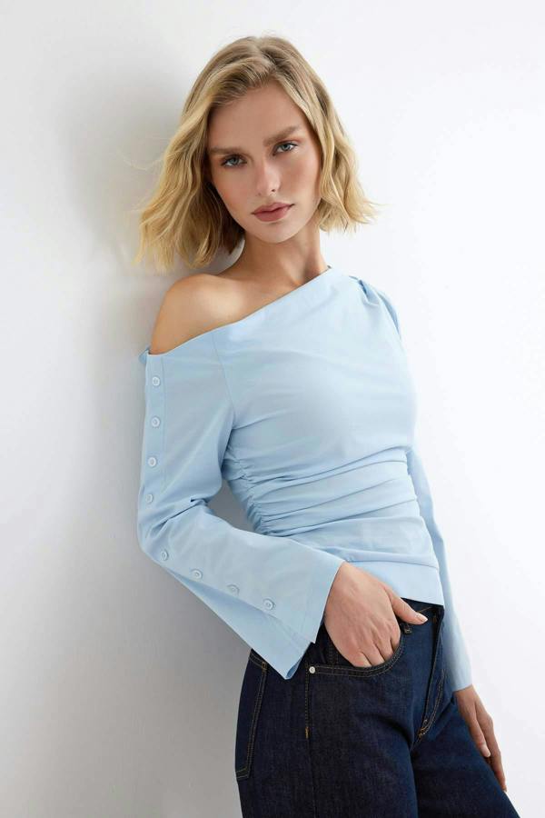 WOVCOR Asymmetric Neck Standard Sleeve Poplin Blouse