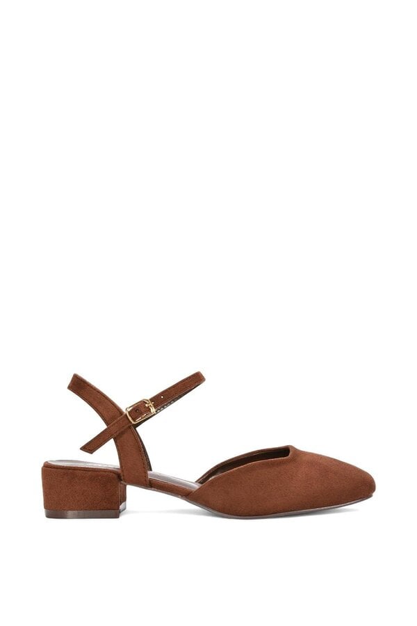XY LONDON Low Block Heel Court Shoes With Ankle Strap - Brown