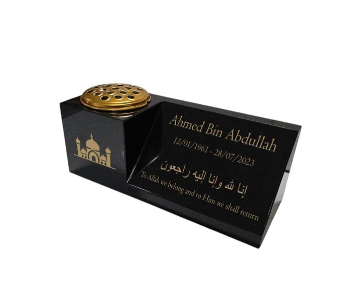 Memorials Direct Granite Memorial Vase and Plaque Combination – Islamic Design 2, Solid Granite (16x6x6”) with Flower Pot Insert