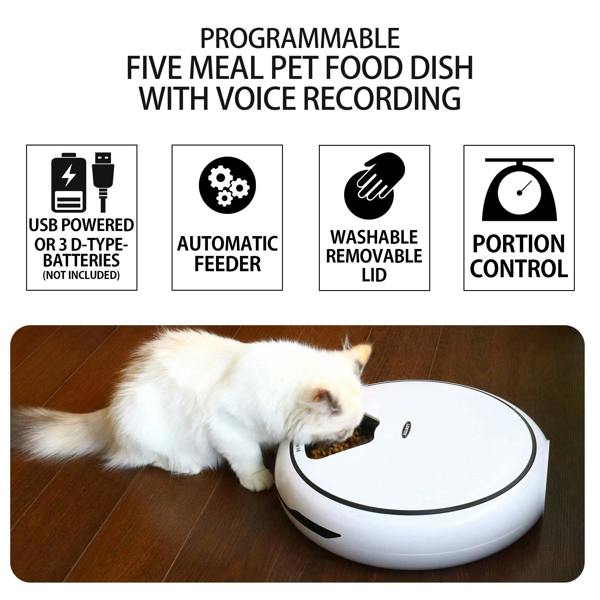 Lentek 5 Meal Automatic Pet Feeder Timed Food Dispenser with Voice Recorder for Cats & Dogs