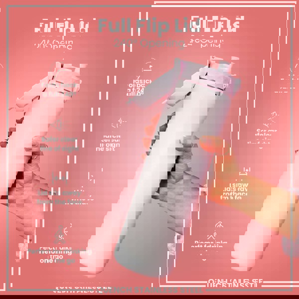 A pink stainless steel water bottle, being held, features a full flip lid that opens 240 degrees. The design ensures a clear line of sight and keeps the lid away from the face; it’s ideal for on-the-go use.