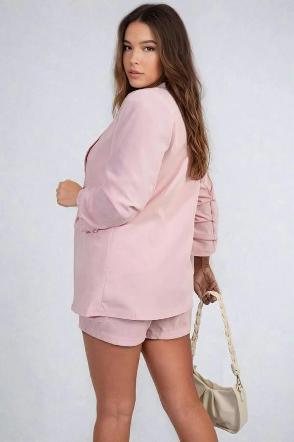 Valerie Ruched Sleeve Open Front Blazer Jacket With Front Pockets - Pink