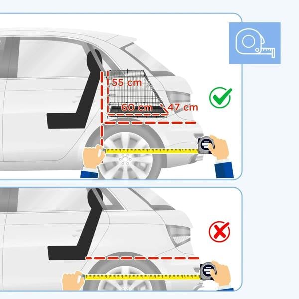 Car fit measurement illustration for collapsible dog travel crate, dimension markers