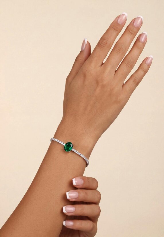 Latelita Garbo Oval Gemstone Tennis Bracelet Emerald Silver