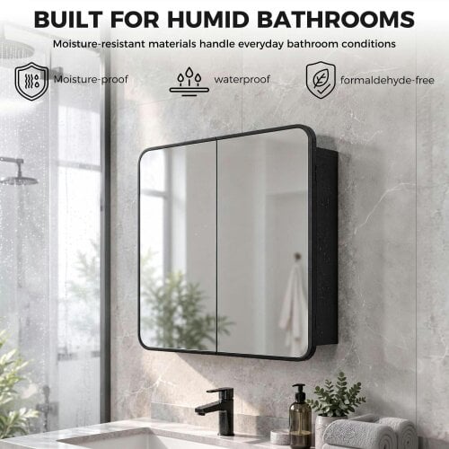 HOMCOM Bathroom Medicine Mirror Cabinet, Bathroom Wall Cabinet, Black