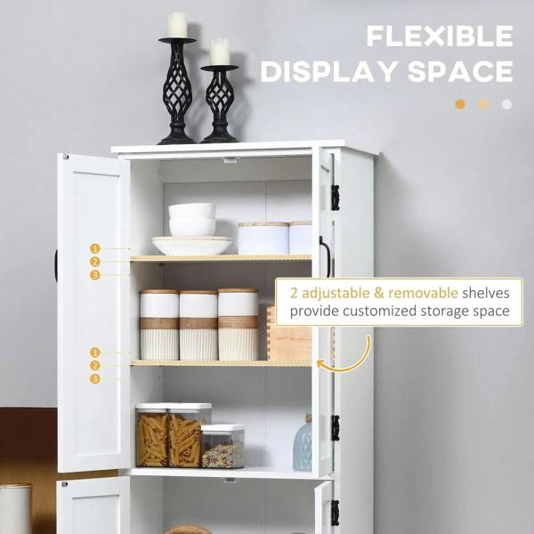 White cabinet interior with adjustable shelves and door openings, black handles