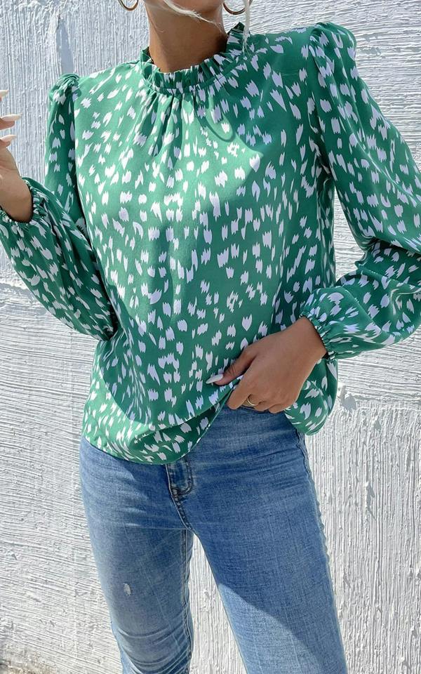 FS Collection Animal Print Frill Detail High Neck Top In Green