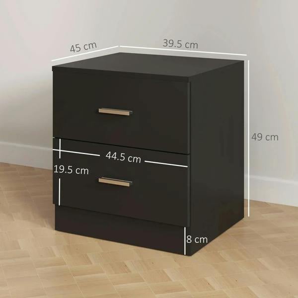 Black two-drawer bedside cabinet with visible size measurements