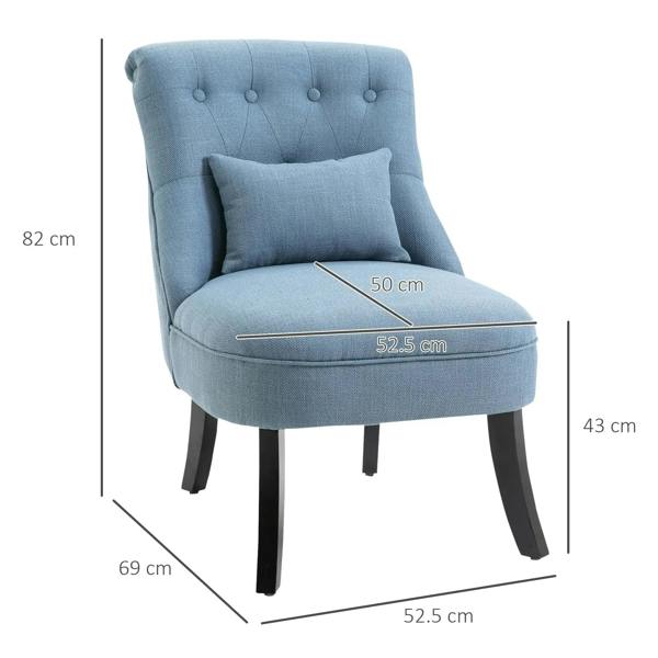 Blue fabric armchair with tufted back, matching pillow, and tapered wooden legs.
