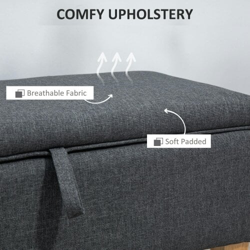 Wyld Haus Cose Linen Dark Grey Storage Ottoman With Padded Seat Natural Wooden Legs