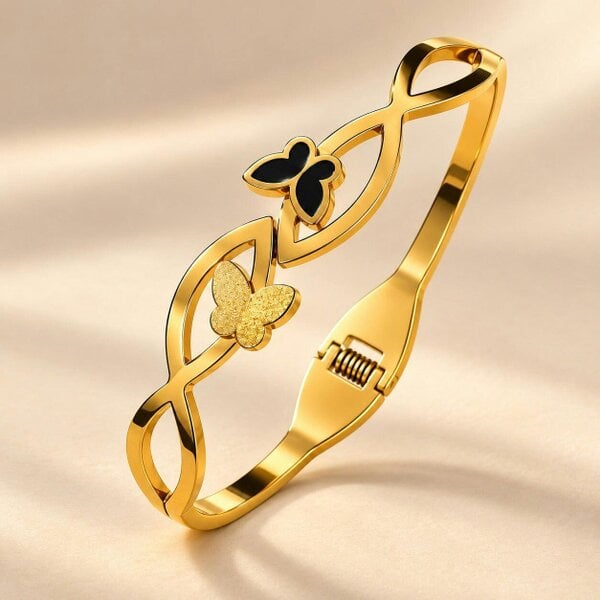 The Colourful Aura 18ct Gold Plated Black Butterfly Infinity Cut Out Spring Hinged Bangle Bracelet