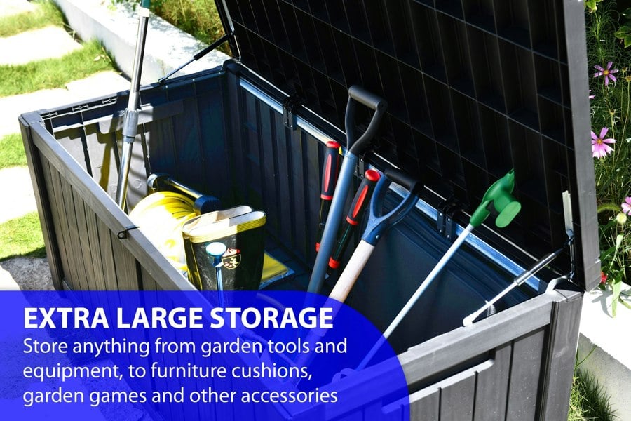 Centurion Supports TUNGSTEN 450 Litre 119 Gallon Waterproof Extra Large Lockable Easy-Open Garden Storage Box Outdoor Organiser in Black